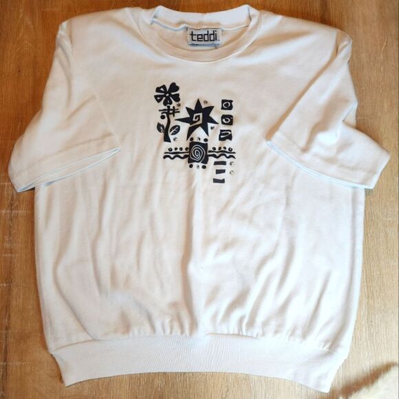 White Cropped 80s Shoulder Pad Soft Baby Tee Short Sleeved Eighties Graphics - Picture 1 of 5